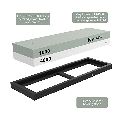 BearMoo - Piedra de afilar 2 en 1 para cuchillos (granulado 1000/4000, con soporte de silicona antideslizante)