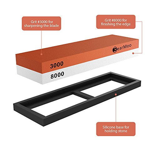 BearMoo Piedras de afilar, afilador de agua 2-IN-1, 3000/8000 Grano Cuchillo Piedra de afilar – piedra de agua - piedra de goma – Soporte incluido
