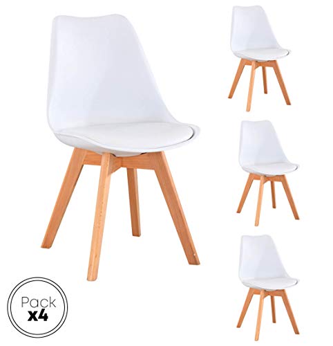 Beat Vintage-20 blanca Silla patas madera y asiento blanco con cojín estilo nórdico para comedor, cocina , balcón , terraza interior,habitación juvenil, dormitorio, hostelería. Pack de 4 Unidades