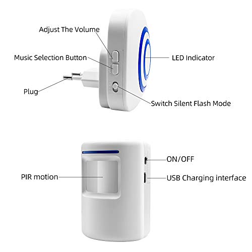 BeiLan Timbre inalámbrico con 1 receptor electrónico y 2 detectores de sensor de movimiento PIR 3 niveles de volumen con 38 melodías Alarma de seguridad para visitantes