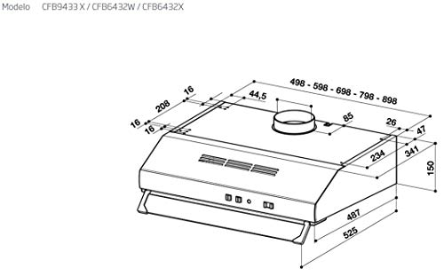 Beko CFB 6432 X - Campana (Canalizado, 300 m³/h, 61 Db, Incorporado, Acero inoxidable, Color blanco, Barra de desplazamiento), 59,8 x 48,2 x 15 cm