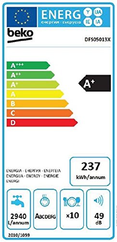 Beko DFS05013X - Lavavajilla Independiente 10 cubiertos A+, Acero inoxidable, Estrecho (45 cm), Botones, Giratorio, color Inox Antihuellas