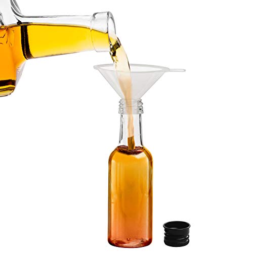 BELLE VOUS Mini Botellas de Licor (Pack de 24) - Botellas Pequeñas de Plástico 50ml Vacías - Tapa Negra de Rosca y Embudo- Verter Fácilmente y Llenado de Botellas - Mini Botella para Bodas y Fiestas