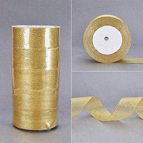 BENECREAT 114m (5 Rollos x 22m) 38mm de Ancho Brillo Superior metalico Chispa Tela Cinta para Boda, Vacaciones, Decoracion del hogar, Papel de Regalo (Oro)