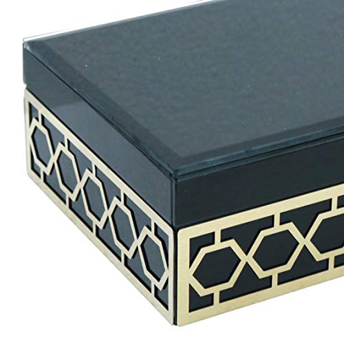 Benjara Wooden Jewelry Box with Hexagon Design, Set of 2 Joyero de Madera con diseño Hexagonal de Metal, Juego de 2, Azul y Dorado