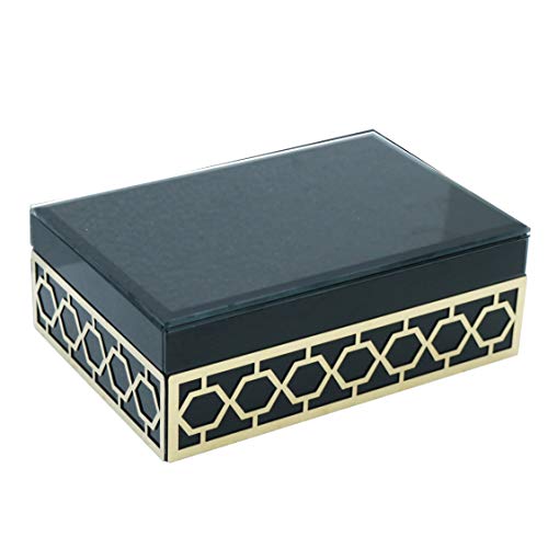 Benjara Wooden Jewelry Box with Hexagon Design, Set of 2 Joyero de Madera con diseño Hexagonal de Metal, Juego de 2, Azul y Dorado