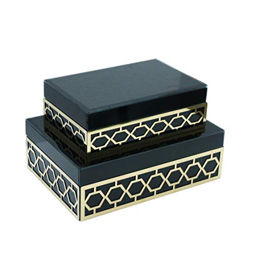 Benjara Wooden Jewelry Box with Hexagon Design, Set of 2 Joyero de Madera con diseño Hexagonal de Metal, Juego de 2, Azul y Dorado