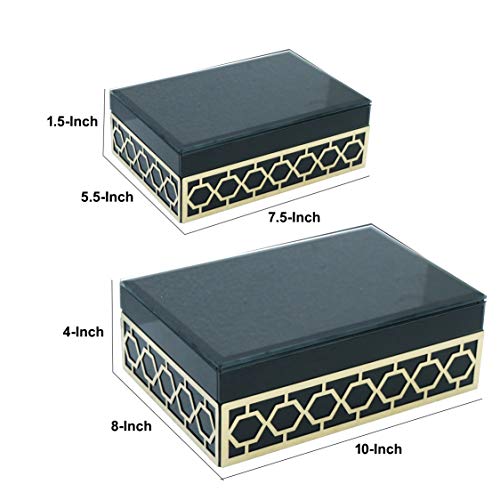 Benjara Wooden Jewelry Box with Hexagon Design, Set of 2 Joyero de Madera con diseño Hexagonal de Metal, Juego de 2, Azul y Dorado