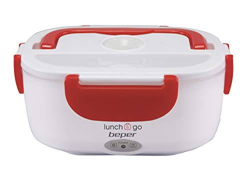 BEPER Lunch & Go Calentador de Comida eléctrico portátil, 2 contenedores extraíbles, Plancha calefactora de Acero, Cubiertos de plástico incluidos, 220 V, Rojo