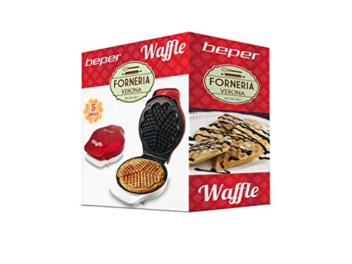 Beper - Plancha para Waffle, Gofrera, 5 Gofres a la Vez, Plancha Antiadherente 18 cm, 800 - 100 W, Rojo y Blanco