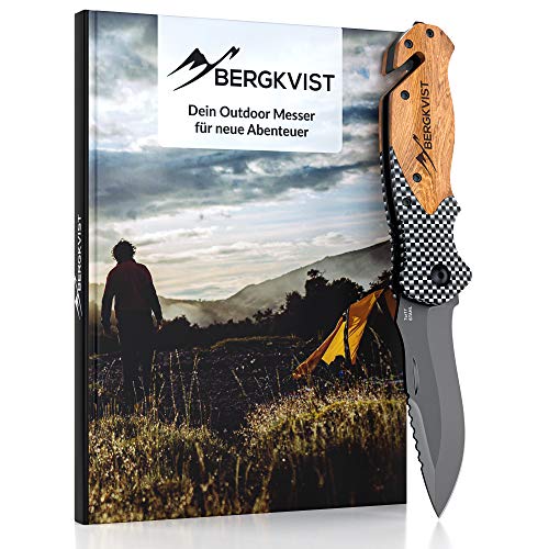 BERGKVIST® Navaja de Bolsillo K20 Navaja Plegable Afilada I Cuchillo Supervivencia con Mango de Madera I Navajas de albacete con Hoja de Titanio de Acero Inoxidable Incl. Piedra de afilar