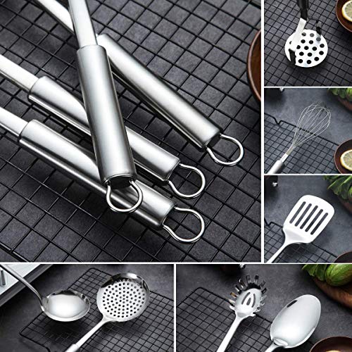 Berglander Utensilio de cocina de acero inoxidable de 7 piezas con 1 soporte, afinador ranurado, cucharón, espumadera, cuchara para servir, servidor de pasta, papa Maseher, batidor de huevos, soporte.