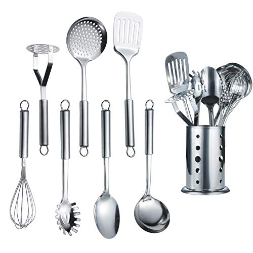 Berglander Utensilio de cocina de acero inoxidable de 7 piezas con 1 soporte, afinador ranurado, cucharón, espumadera, cuchara para servir, servidor de pasta, papa Maseher, batidor de huevos, soporte.