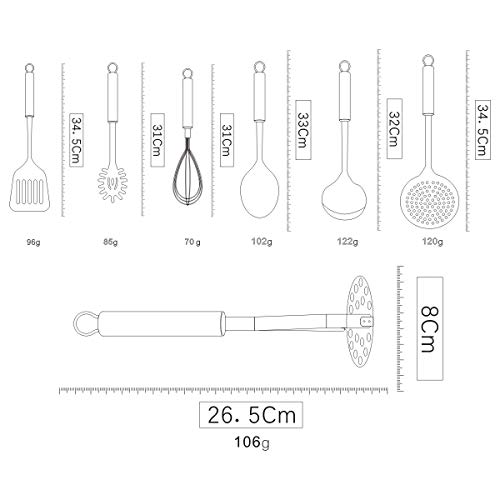 Berglander Utensilio de cocina de acero inoxidable de 7 piezas con 1 soporte, afinador ranurado, cucharón, espumadera, cuchara para servir, servidor de pasta, papa Maseher, batidor de huevos, soporte.