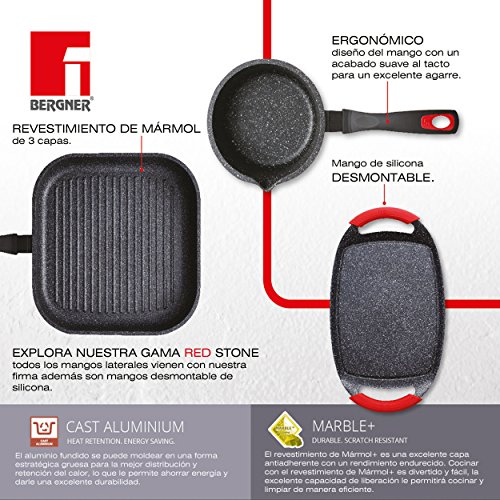 Bergner Red Stone Plancha-asador en Aluminio Fundido, Silicona, Negro, 36 x 23 cm