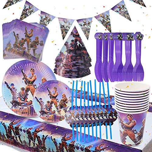 BESLIME Game Party Supplies Vajilla para fiestas Diseño Incluye pancartas, platos, tazas, servilletas, gorro, cuchara, tenedores y cuchillos Video Gaming Party Supplies, 87 piezas