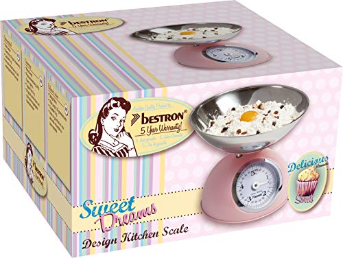 Bestron Báscula de Cocina Analógica con Recipiente Extraíble, Diseño Retro, Sweet Dreams, Capacidad: 5 kg, Rosa