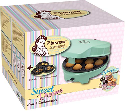 Bestron Cakemaker 3 en 1, Diseño Retro, Para donuts y muffins, Sweet Dreams, Antiadherente, 700 W, Menta