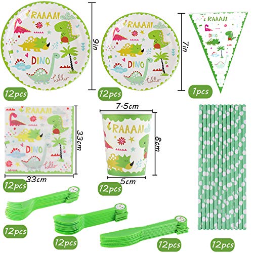 BETOY 98PCS Suministros Fiesta de Dinosaurio - Juego vajilla Kids Party Dinosaurio desechable Juego de vajilla Incluido Platos pancartas Tazas Servilletas Pajitas Mantel Cuchillos Tenedores Cucharas