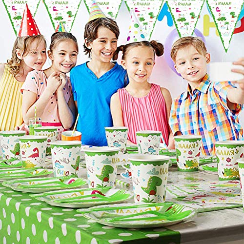 BETOY 98PCS Suministros Fiesta de Dinosaurio - Juego vajilla Kids Party Dinosaurio desechable Juego de vajilla Incluido Platos pancartas Tazas Servilletas Pajitas Mantel Cuchillos Tenedores Cucharas