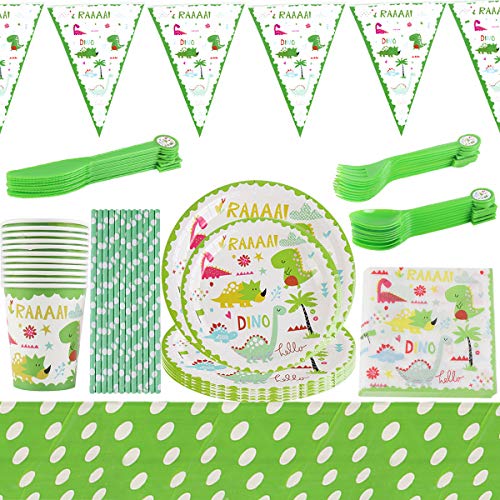 BETOY 98PCS Suministros Fiesta de Dinosaurio - Juego vajilla Kids Party Dinosaurio desechable Juego de vajilla Incluido Platos pancartas Tazas Servilletas Pajitas Mantel Cuchillos Tenedores Cucharas