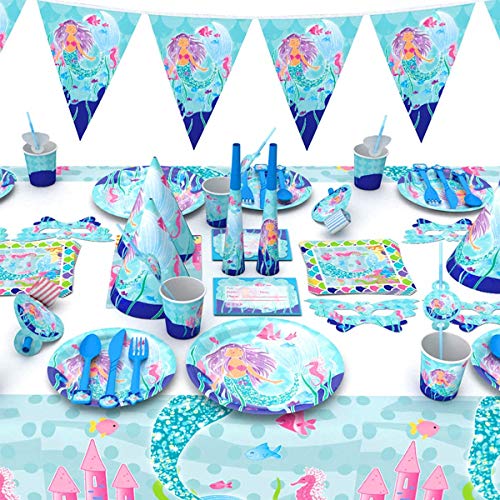 BETOY Vajilla Sirena Fiesta - Conjunto de Suministros de Fiesta de Sirena Plato Servilletas Tazas para Niña Cumpleaños Baby Shower Boda Sirve a 10 Invitados 92 Piezas