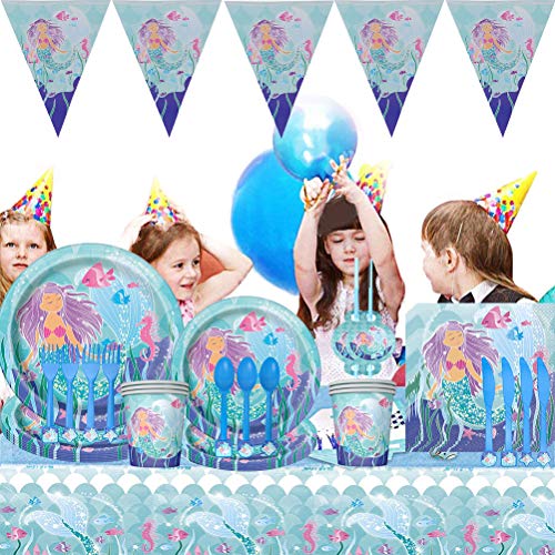 BETOY Vajilla Sirena Fiesta - Conjunto de Suministros de Fiesta de Sirena Plato Servilletas Tazas para Niña Cumpleaños Baby Shower Boda Sirve a 10 Invitados 92 Piezas