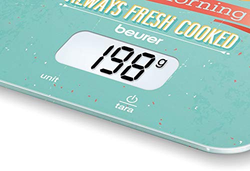 Beurer KS19 - Balanza de Cocina Desayuno, medicíón 5 kg, 1 gr, pantalla LCD, botón táctil, vidrio de seguridad, auto tara, apagado automática, aviso sobrecarga