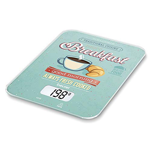 Beurer KS19 - Balanza de Cocina Desayuno, medicíón 5 kg, 1 gr, pantalla LCD, botón táctil, vidrio de seguridad, auto tara, apagado automática, aviso sobrecarga