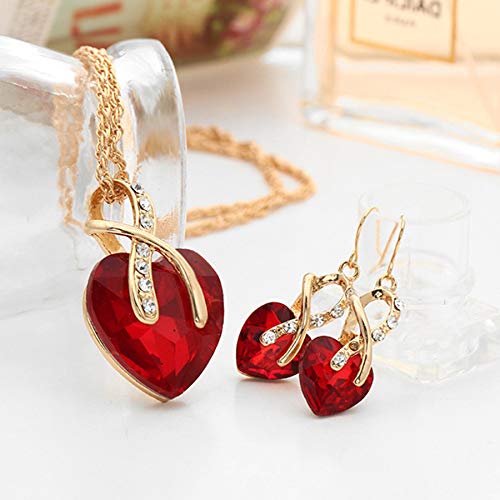 Beuya Mujer Conjunto Joyas Moda Colgantes de Cristal en Forma de corazón Collar Colgante y Pendientes Regalo para Conjunto de Joyas (Rojo)