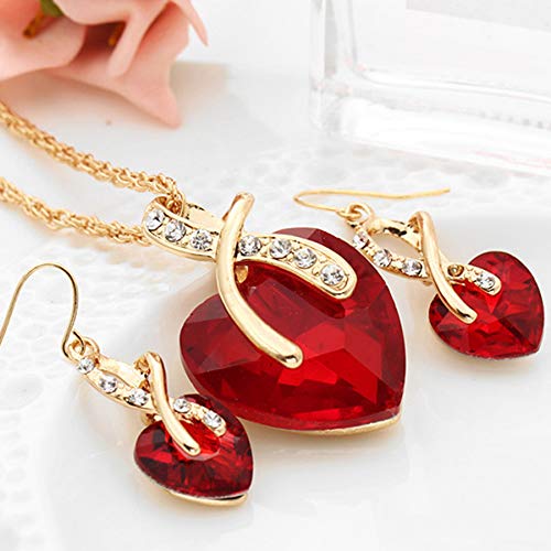 Beuya Mujer Conjunto Joyas Moda Colgantes de Cristal en Forma de corazón Collar Colgante y Pendientes Regalo para Conjunto de Joyas (Rojo)