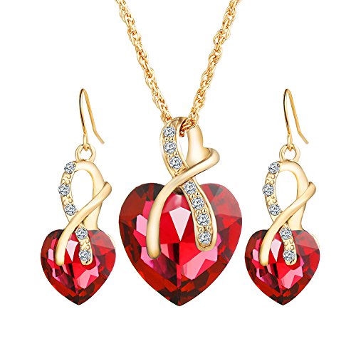 Beuya Mujer Conjunto Joyas Moda Colgantes de Cristal en Forma de corazón Collar Colgante y Pendientes Regalo para Conjunto de Joyas (Rojo)