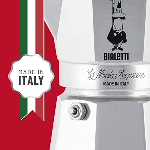 Bialetti Moka Express Cafetera Italiana Espresso, 12 Tazas, Apto para Todas Las Fuentes de Calor, Excepto inducción, Aluminio, Plateado