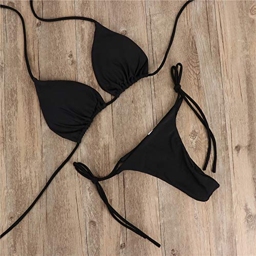 Bikini 2Pcs Sexy Women Summer Swimwear Bikini Set Bra Tie Side G-String Thong Beach Triangle Suit Swimsuit Bathing Suit Swimming Suit L Black