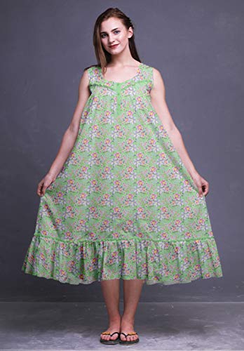 Bimba Floral Verde Menta y Lavanda Anemone Flor Azul Media Pantorrilla Ropa de Dormir de Las señoras Impreso algodón sin Mangas Vestido de la Noche del Vestido de Maxi XX-Large