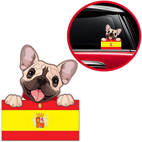 Biomar Labs® Pegatina Adhesivo Perro Cachorro French Bulldog Frances Bandera España Spain Flag Vinilo para Coche B 238