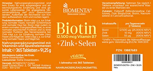 BIOMENTA BIOTINA 12.500 µg + ZINC + SELENIO | para saludable Piel, Cabello y Uñas | 365 VEGANO Biotina Pastillas | durante un año