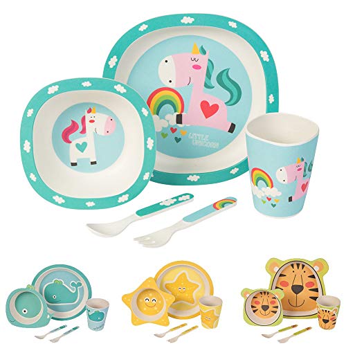 BIOZOYG Set vajilla Infantil de bambú sin bpa 5 Piezas I Motivo Unicornio I Servicio de Mesa cubertería para niños Tazón Vaso de Beber Plato para niños I Reciclaje de Material Natural