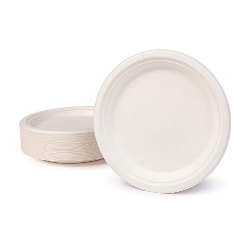 BIOZOYG Vajilla ecológica de bagazo desechable I 50 Piezas Platos de caña de azúcar Blanca Redondo blanqueada 22 cm I Vajilla Desechable Bio Plato de Comer Plato de Fiesta