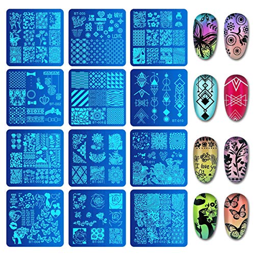 Biutee Set de Stamping Nail Art 12 Pcs Plantillas para Uñas +1pcs Estampador+1pcs Raspador +1 Pcs Bolso Para Placa