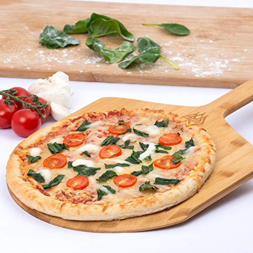 BKC Piedra para pizza para horno o barbacoa, piedra redonda grande con paleta de madera y soporte para servidor | Libro de recetas de pizza | Caja de regalo perfecta | Pastelería italiana casera