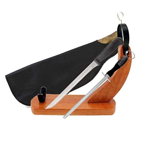 BlendNature Jamonero Tabla Soporte Gondola + Cuchillo de Corte + Chaira + Cubre Jamon + Economico