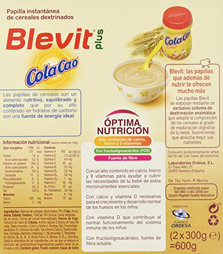 Blevit Plus Cola Cao, 1 unidad 600 gr. A partir de los 12 meses, contiene gluten.