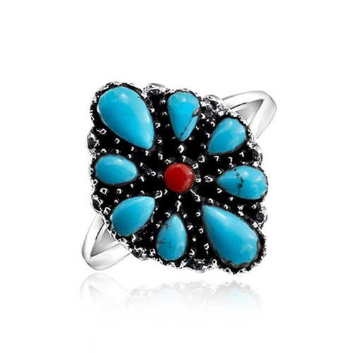 Bling Jewelry Gran Suroeste Estilo Navajo Turquesa Estabilizada Flores De Calabaza Declaración Anillo De Plata Esterlina 925