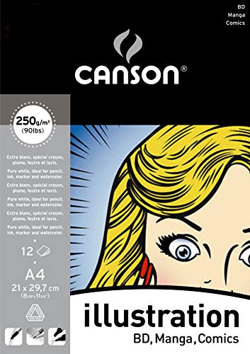 Bloc Encolado, A4, 12 Hojas, Canson Illustration-Comics Liso, Multicolor, 250g, 21x29.7cm
