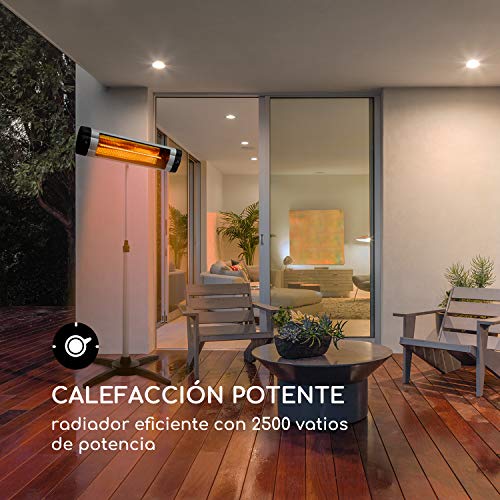 Blumfeldt Rising Sun Mono - Calefactor infrarrojo, Calefactor de exteriores, Distribuye el calor, 2500 W, Certificado IP34, Altura regulable, Motor de carbono, De pie o en la pared, Plateado