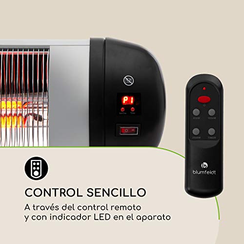 Blumfeldt Rising Sun Zenith Silver Edition - Estufa infrarroja, Rendimiento hasta 2500 W, 3 niveles de calor, Calefactor radiante, Ideal uso en exteriores, IP34, Control remoto, Gris metalizado