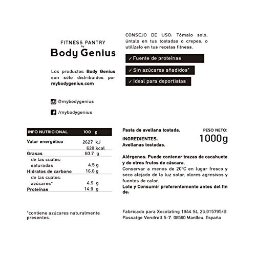 BODY GENIUS Manteca de Avellana. 1000g. Solo Avellanas Tostadas. 100% Natural. Rica en Proteína y Fibra. Sin Azúcar y Sin Sal. Hecho en España.