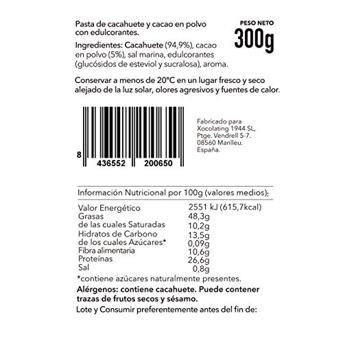 BODY GENIUS Peanut Cocoa. Crema de cacahuete y cacao. 300g. Alta en Proteína, Natural, Sin Azúcar Añadido, Sin Aceite de Palma, Edulcorada con Stevia. Hecho en España.