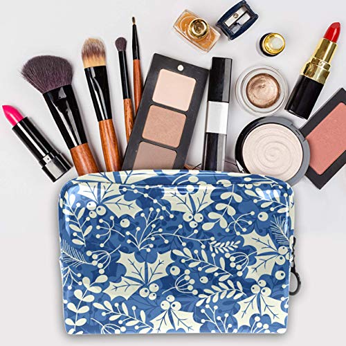 Bolsa de maquillaje portátil con cremallera bolsa de aseo de viaje para las mujeres práctico almacenamiento cosmético bolsa azul hojas acebo